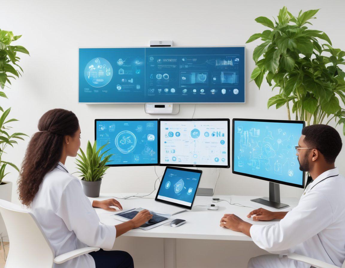 A serene and modern telehealth consultation scene, featuring a diverse group of people engaging via high-tech devices, surrounded by symbols of well-being like plants and wellness icons. Bright digital interfaces display health data, emphasizing the fusion of technology and care. Soft, calming colors evoke a sense of peace and innovation. super-realistic. vibrant colors. white background.