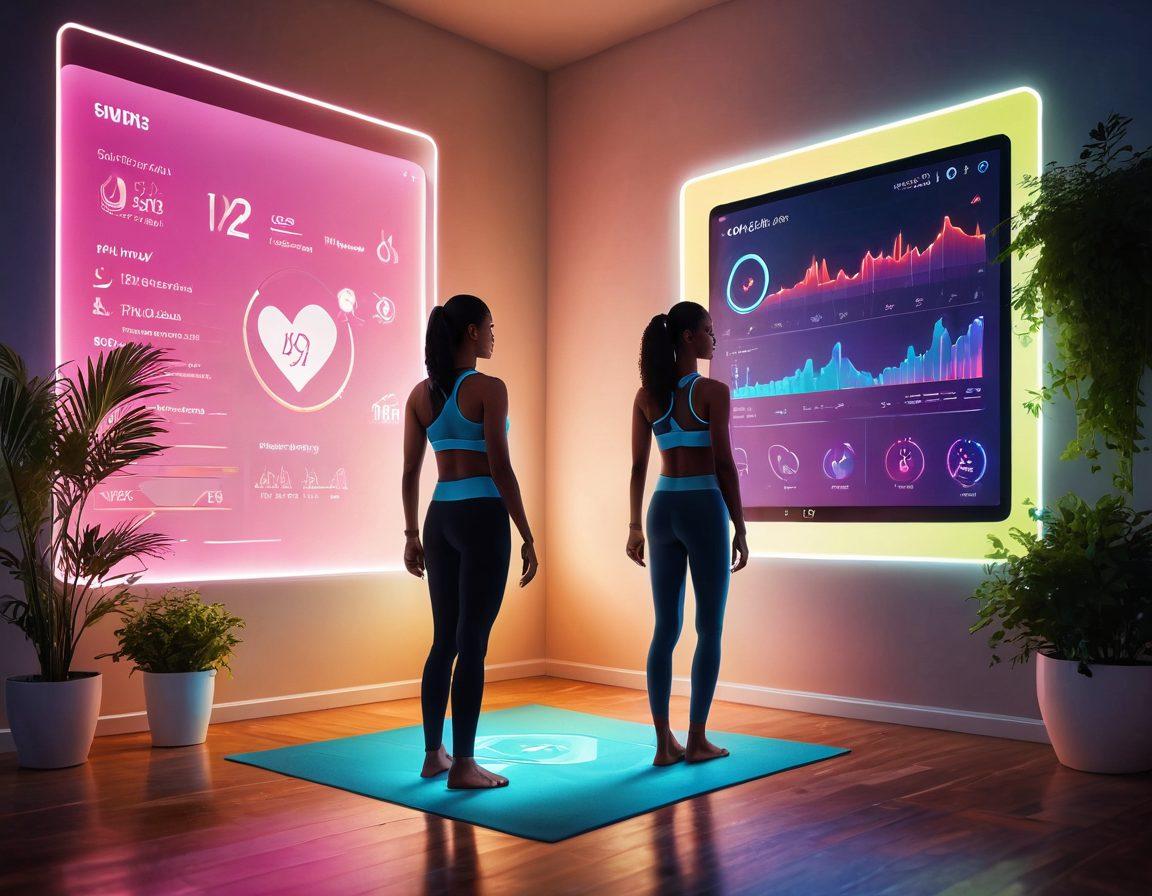 A futuristic digital wellness interface showcasing diverse individuals engaging in preventive health activities through wearable tech and mobile apps, surrounded by vibrant health data visuals like heart rate and activity graphs, set in a serene home environment with greenery and soft lighting. The image embodies empowerment and accessibility in health management. super-realistic. vibrant colors. minimalist background.