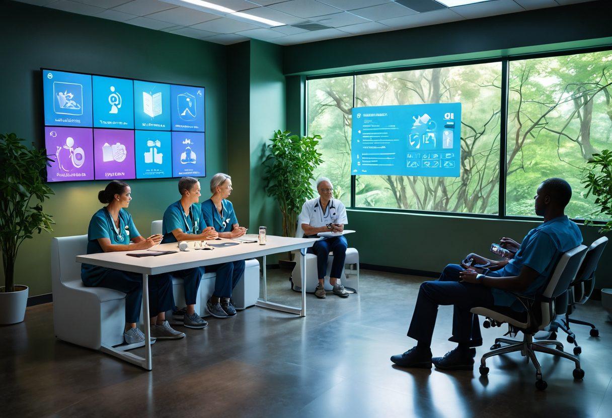 A futuristic healthcare scene showcasing a diverse group of patients interacting with advanced remote health technology devices, such as smartwatches and telehealth screens, while surrounded by calming elements like greenery and natural light. Include visual elements representing chronic disease management, like heart monitors and medication reminders displayed on holographic interfaces. The atmosphere should convey hope, progress, and connectivity in healthcare. vibrant colors. super-realistic.